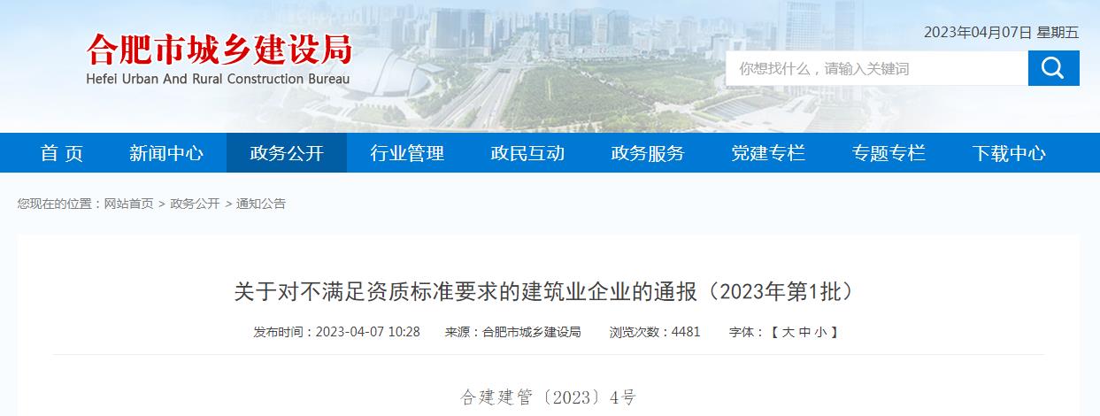 關于2023年合肥第1批不滿足資質(zhì)標準要求的建筑業(yè)企業(yè)通報